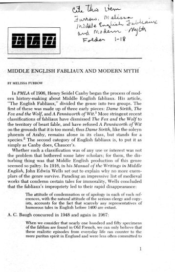Middle English Fabliaux and Modern Myth