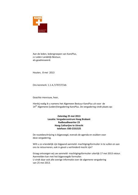 UitnodigingAlgemeneVergadering25 mei 2013  KansPlus