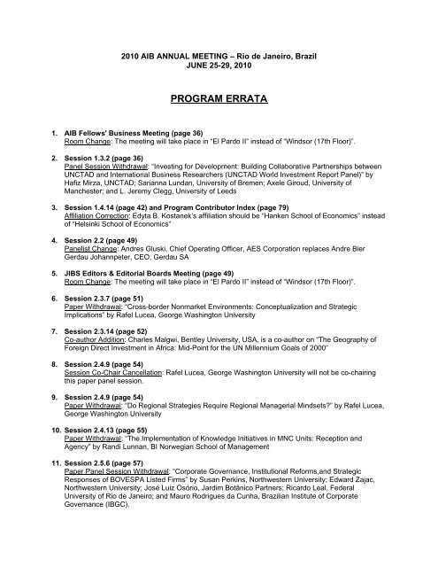 Program Errata - Academy of International Business