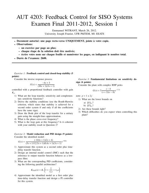 AUT 4203: Feedback Control for SISO Systems Examen Final 2011 ...