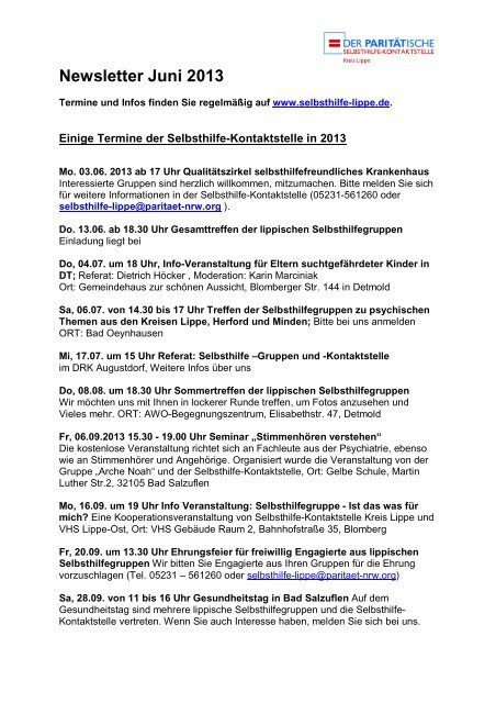 Newsletter Juni 2013 - Selbsthilfe-Kontaktstelle Kreis Lippe