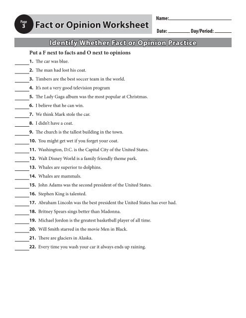 Free Printable Worksheets On Fact And Opinion