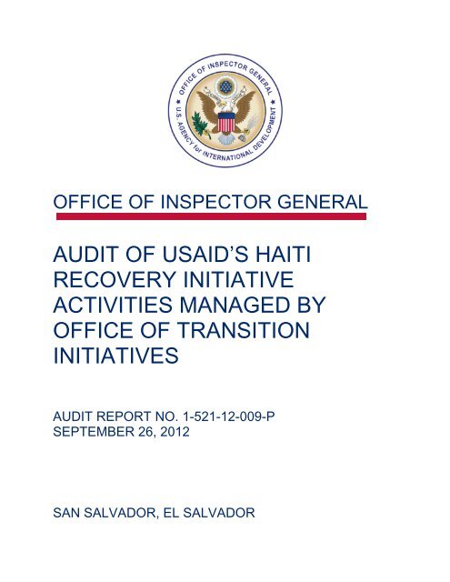 Audit of USAID's Haiti Recovery Initiative Activities MAnaged by ...