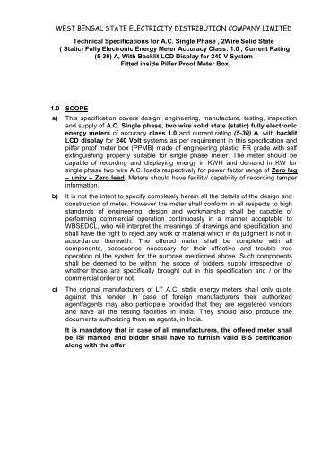 Technical Specification for A.C. Single Phase, 2 Wire ... - WBSEDCL