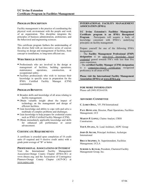 Facilities Management Certificate Program - UC Irvine Extension