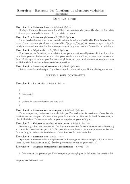 Exercices - Extrema des fonctions de plusieurs variables ... - Bibmath