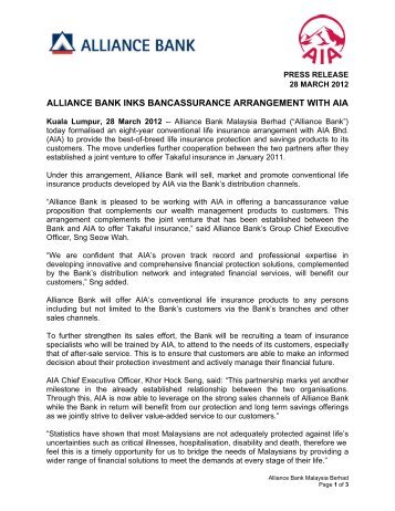 ALLIANCE BANK INKS BANCASSURANCE ... - AIA.com