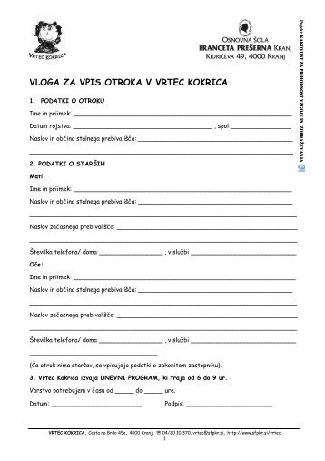 VLOGA ZA VPIS OTROKA V VRTEC KOKRICA