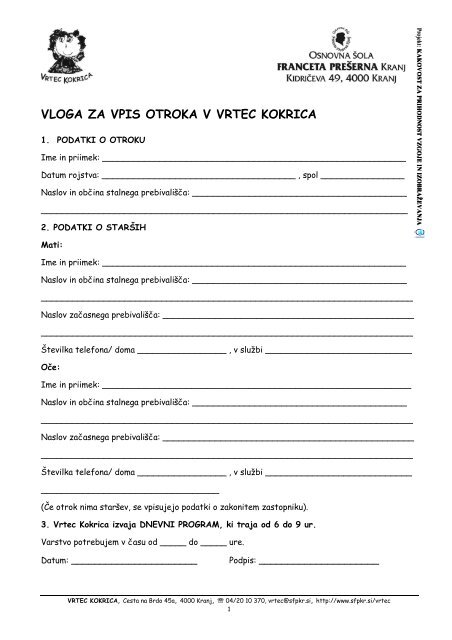 VLOGA ZA VPIS OTROKA V VRTEC KOKRICA