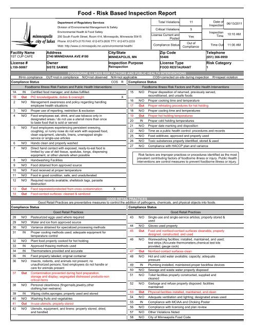 Food - Risk Based Inspection Report - Star Tribune