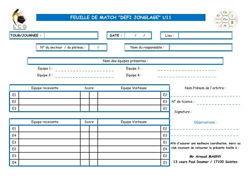 FEUILLE DE MATCH "DEFI JONGLAGE" U11