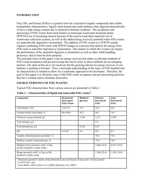 HANDLING FATS, OILS & GREASES (FOG) AT WASTEWATER ...