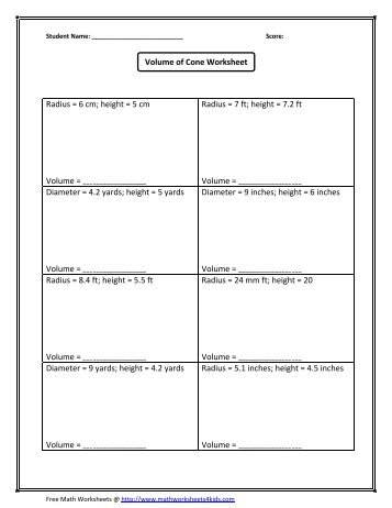 Volume of Cone Worksheet - Math Worksheets For Kids