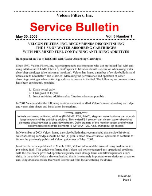 Service Bulletin Vol. 5 No. 1 - Velcon Filters
