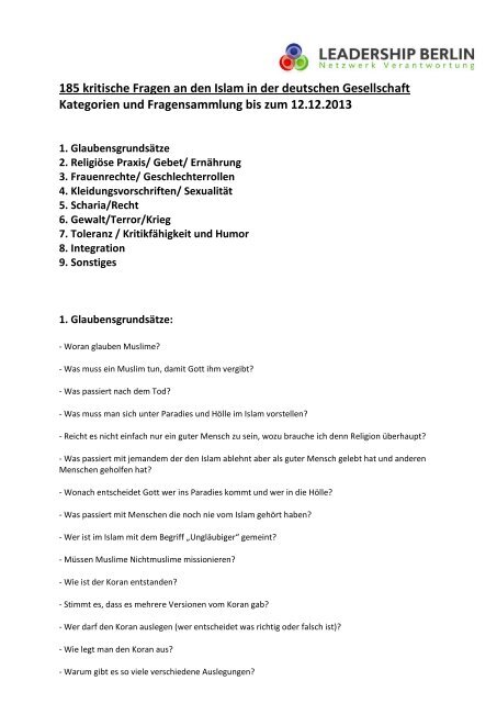185 Kritische Fragen An Den Islam In Der Deutschen Gesellschaft