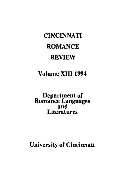 CINCINNATI ROMANCE REVIEW Volume XIII 1994 Department of