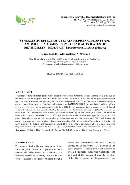 SYNERGISTIC EFFECT OF CERTAIN MEDICINAL PLANTS AND ...