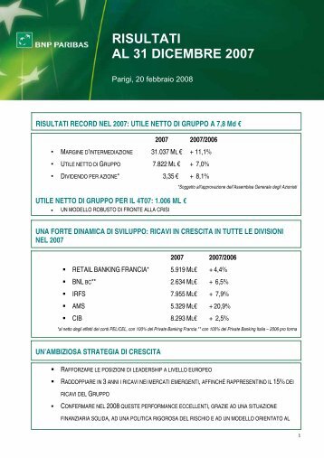 RISULTATI AL 31 DICEMBRE 2007 - BNP Paribas