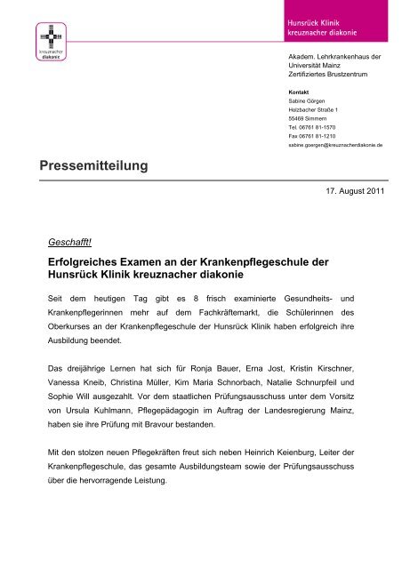 Erfolgreiches Examen an der Krankenpflegeschule - Stiftung ...