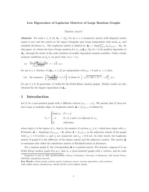 Low Eigenvalues of Laplacian Matrices of Large Random Graphs ...