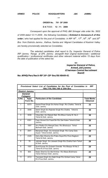 SELECTION LIST IRP 16 - Jammu & Kashmir Police