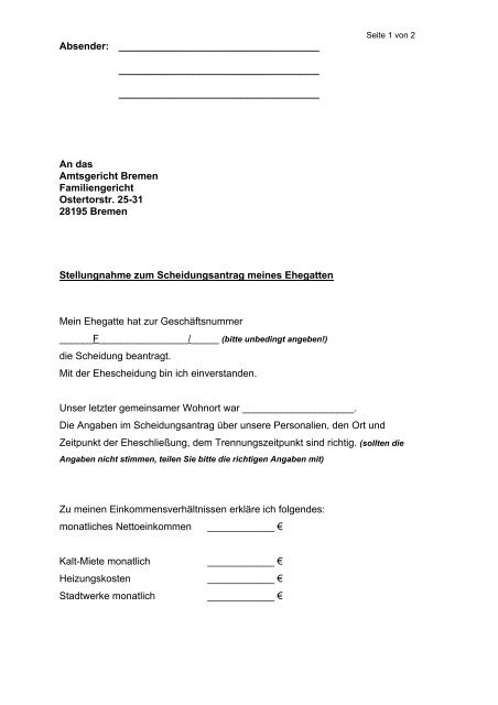 Stellungnahme zum Scheidungsantrag des Ehegatten - Amtsgericht ...