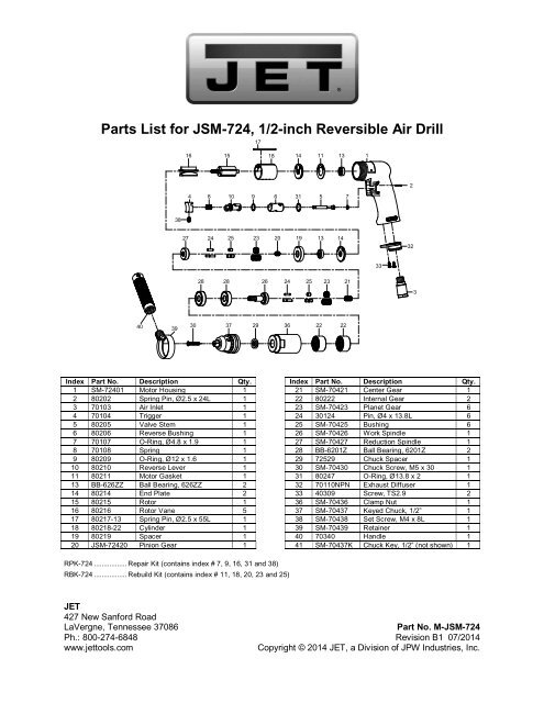 Parts List for JSM-724, 1/2-inch Reversible Air Drill - JET Tools