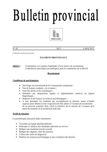 Examen de recrutement nÂ°3 du 6 mai 2013 - La Province de Hainaut