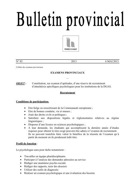 Examen de recrutement nÂ°3 du 6 mai 2013 - La Province de Hainaut