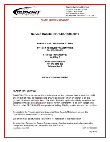 Service Bulletin SB-T-09-1600-0001 - Telephonics Corporation