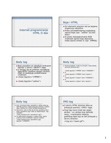 Internet programiranje HTML II deo Boje i HTML Body tag ... - Glavna