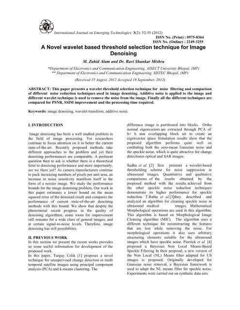 A Novel wavelet based threshold selection technique for Image ...