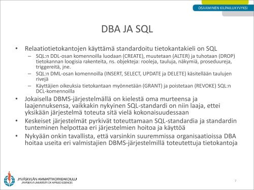 DBA:n tehtävät ja DBMS:n rakenne