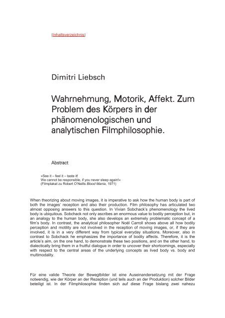 Wahrnehmung, Motorik, Affekt. Zum Problem des Körpers in der ...