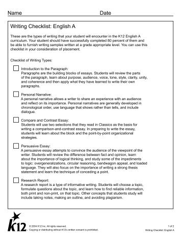 Writing Checklist: English A Name Date - K12.com