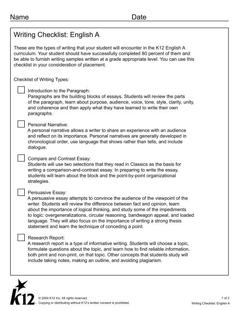 Writing Checklist English A Name Date K12 Com