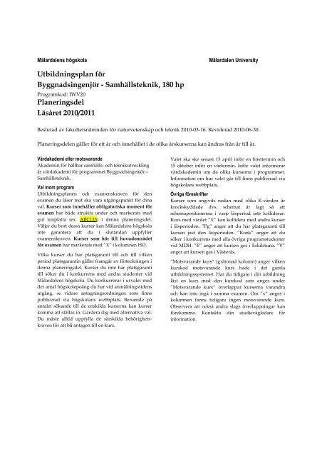 Samhällsteknik, 180 hp, start ht08 - ht09 (pdf 160 kB) - Mälardalens ...