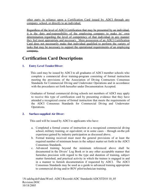 ADCI STANDARD 10 - Association of Diving Contractors International