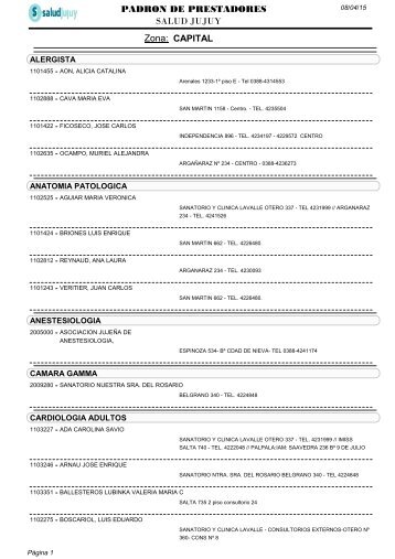 CAPITAL Zona: PADRON DE PRESTADORES SALUD JUJUY