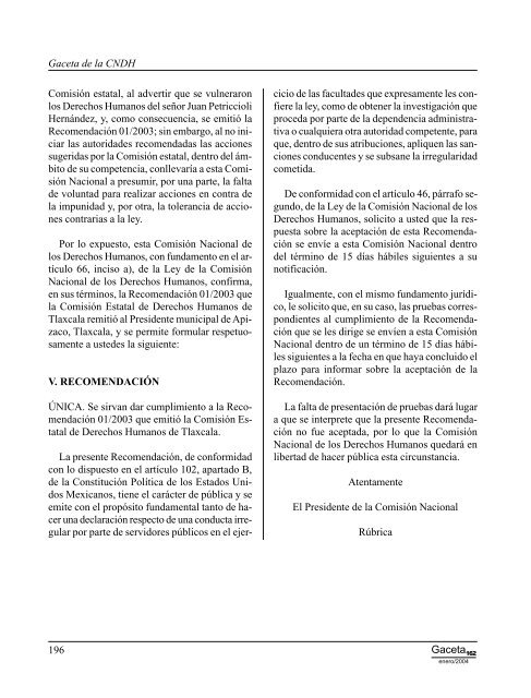 Gaceta NÂ° 162 - ComisiÃ³n Nacional de los Derechos Humanos