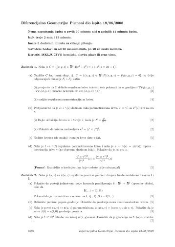 Diferencijalna Geometrija: Pismeni dio ispita 19/06 ... - Front Slobode