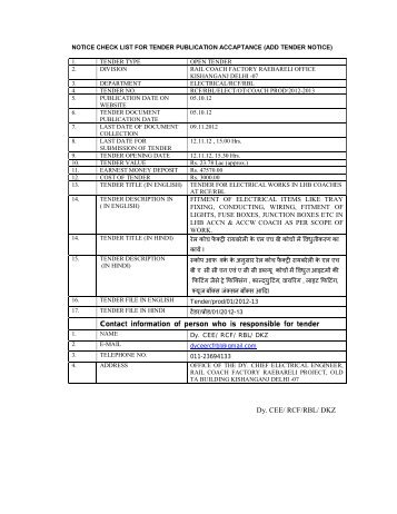 Dy. CEE/ RCF/RBL/ DKZ Contact information of ... - Northern Railway