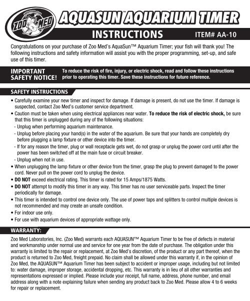 ZooMed AquaSun Aquarium Timer Instruction Manual
