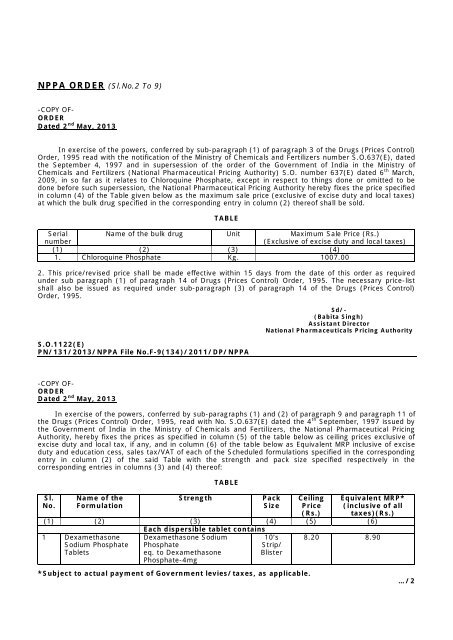 Nppa Fixes Revises The Prices In Respect Of Bulk Drug And