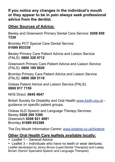 oral health care advice for carers leaflet 2: individuals ... - Netbuddy