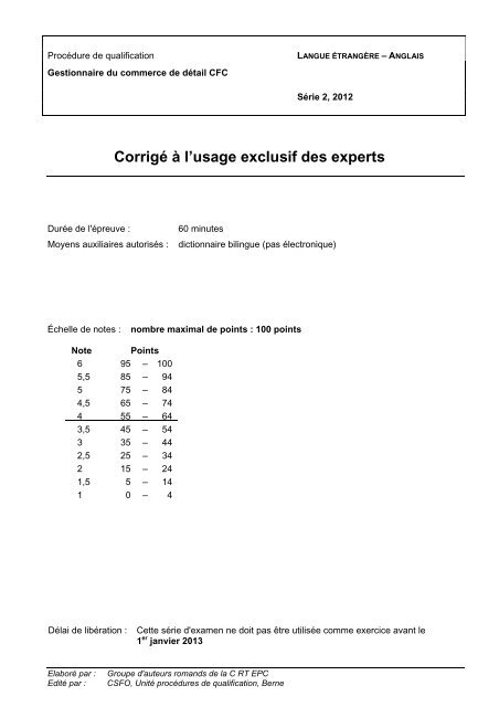 Corrigé à l'usage exclusif des experts - Sec Suisse