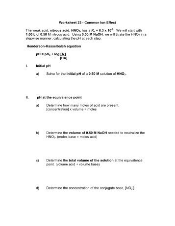 Worksheet 23 - Common Ion Effect The weak acid, nitrous acid ...