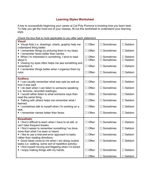 Types Of Learning Styles Worksheet