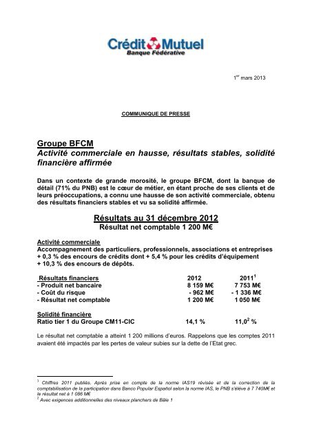 1er mars : CommuniquÃ© de presse rÃ©sultats 2012 BFCM - Banque ...