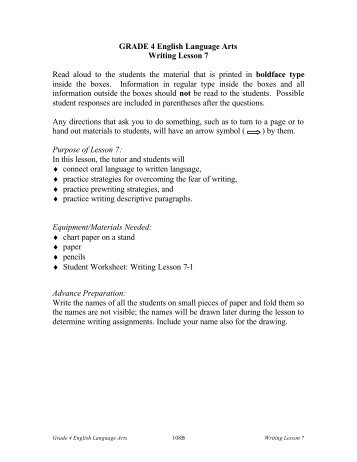 GRADE 4 English Language Arts Writing Lesson 7 Read aloud to ...